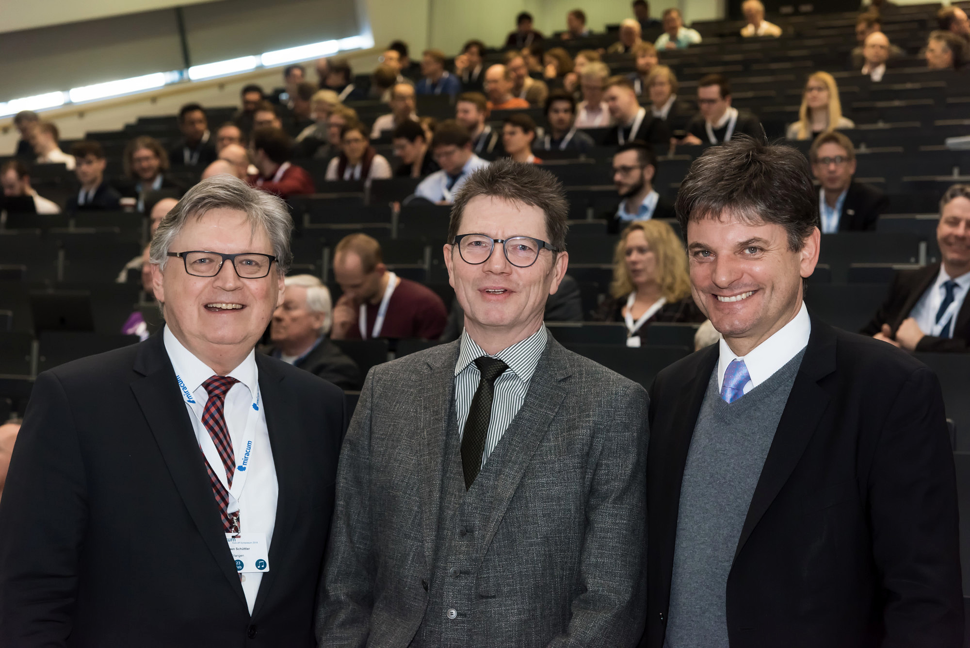 Prof. Dr. Dr. h.c. J. Schüttler, Prof. Dr. H.-U. Prokosch and Prof. Dr. J. Hornegger welcome all attending the symposium (Photo: UK Erlangen)